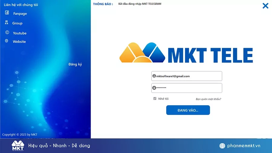 Đăng nhập vào phần mềm MKT Telegram